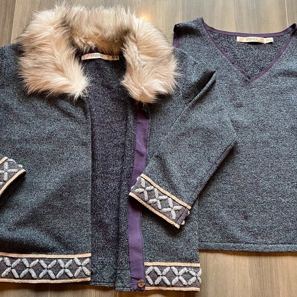 Purplish blue sleeveless top & cardigan with beaded embroidery/faux fur collar - Picture 3 of 14